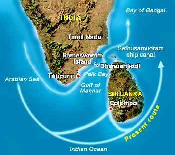 Map of the present versus a proposed shipping route through Palk Bay. (Public Domain)