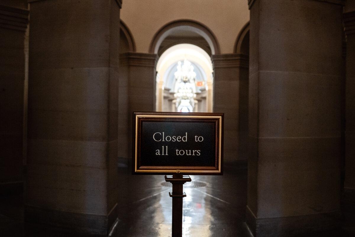 The first Senate chamber in the U.S. Capitol building is closed to all tours on the ninth day of the government shutdown on Capitol Hill in Washington on Oct. 9, 2025. (Madalina Kilroy/The Epoch Times)