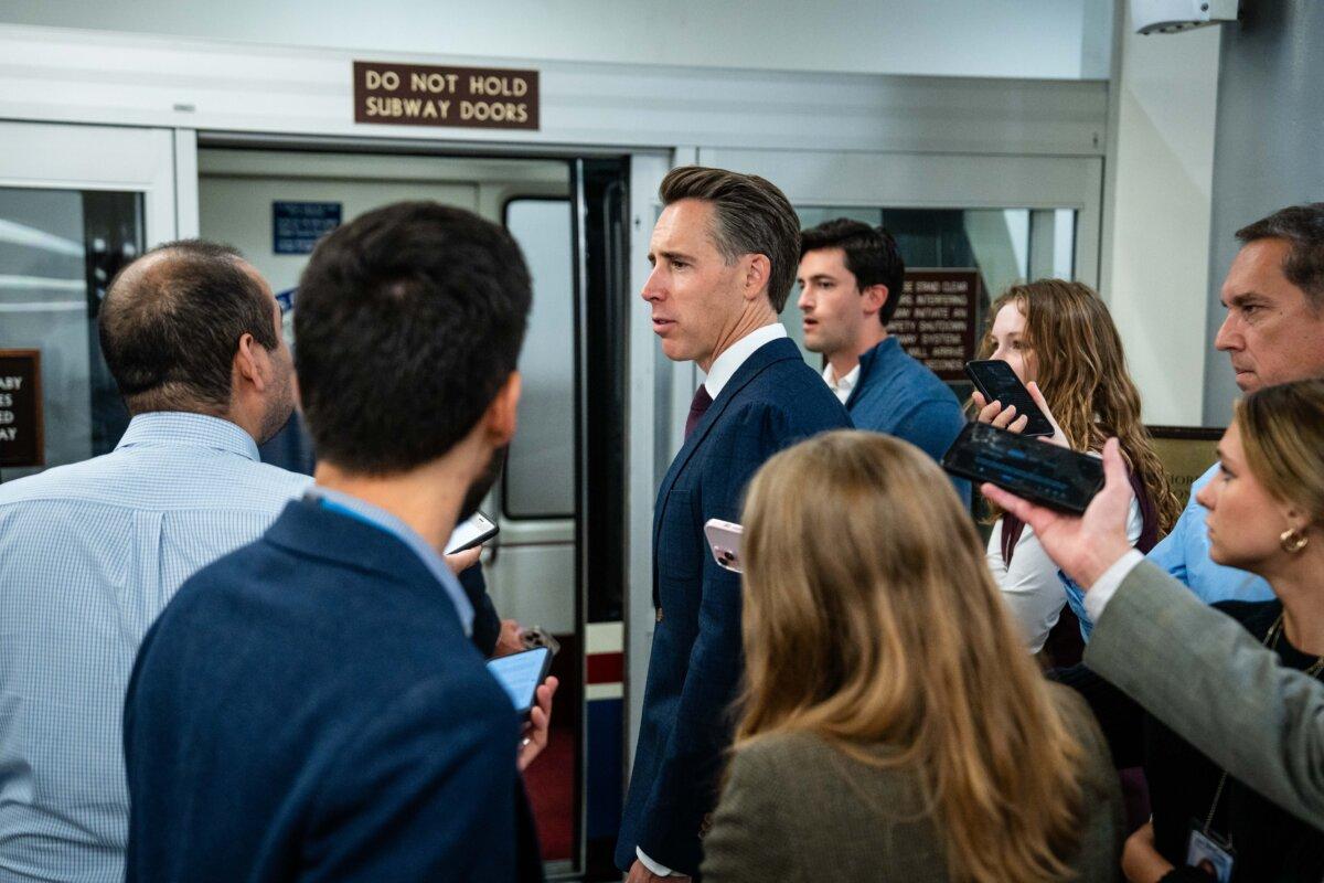Sen. Josh Hawley (R-Mo.) speaks to reporters on Capitol Hill in Washington on Oct. 9, 2025. (Madalina Kilroy/The Epoch Times)
