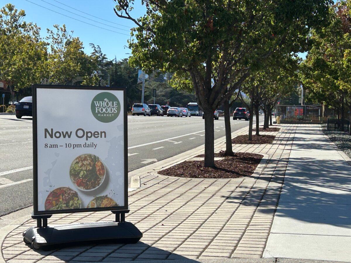 A sign outside the reopened Whole Foods store in Cupertino, Calif., on Oct. 4, 2025. (Steve Ispas/The Epoch Times)