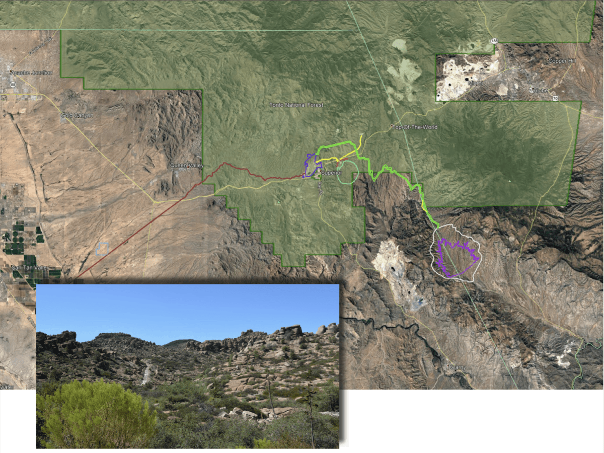 A U.S. Forest Service illustration shows the 5,400 acres of conservation land that Resolution Copper wants to exchange for 2,422 acres within Tonto National Forest in Arizona, where the company wants to build a 7,000-acre copper mine, with an inset highlighting the Oak Flat area that the Western Apache say is a sacred religious site. (U.S. Forest Service)