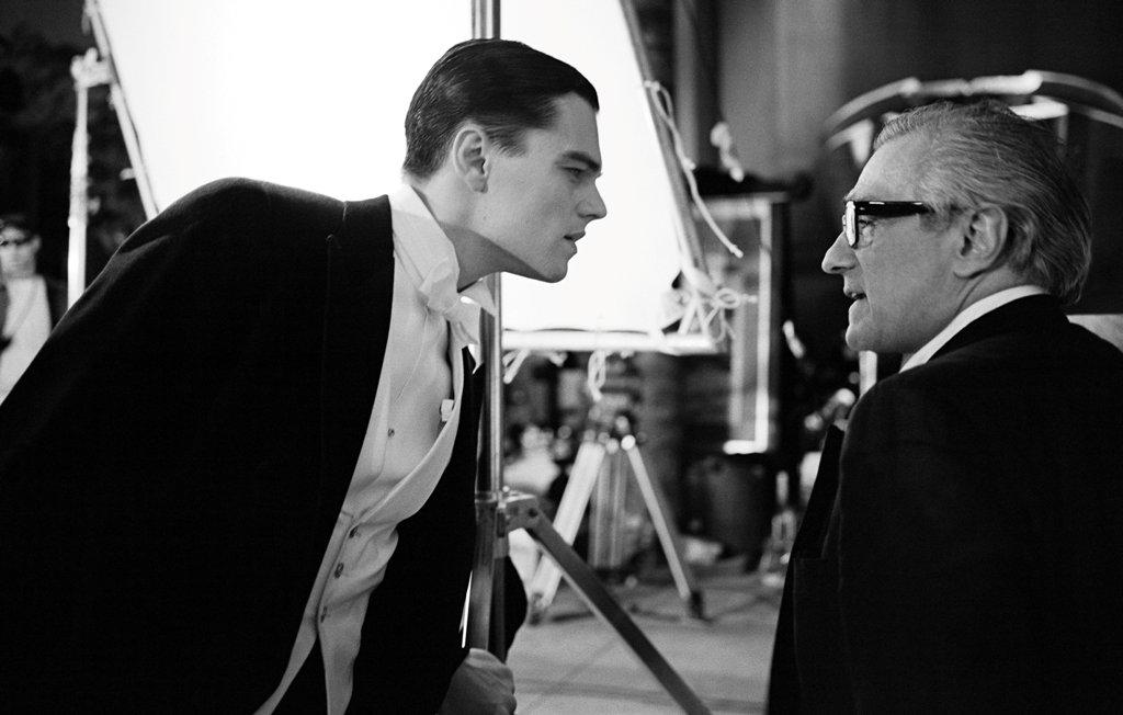 Leonardo DiCaprio (L) and Martin Scorsese on the set of "The Aviator," in "Mr. Scorsese." (Apple TV+)