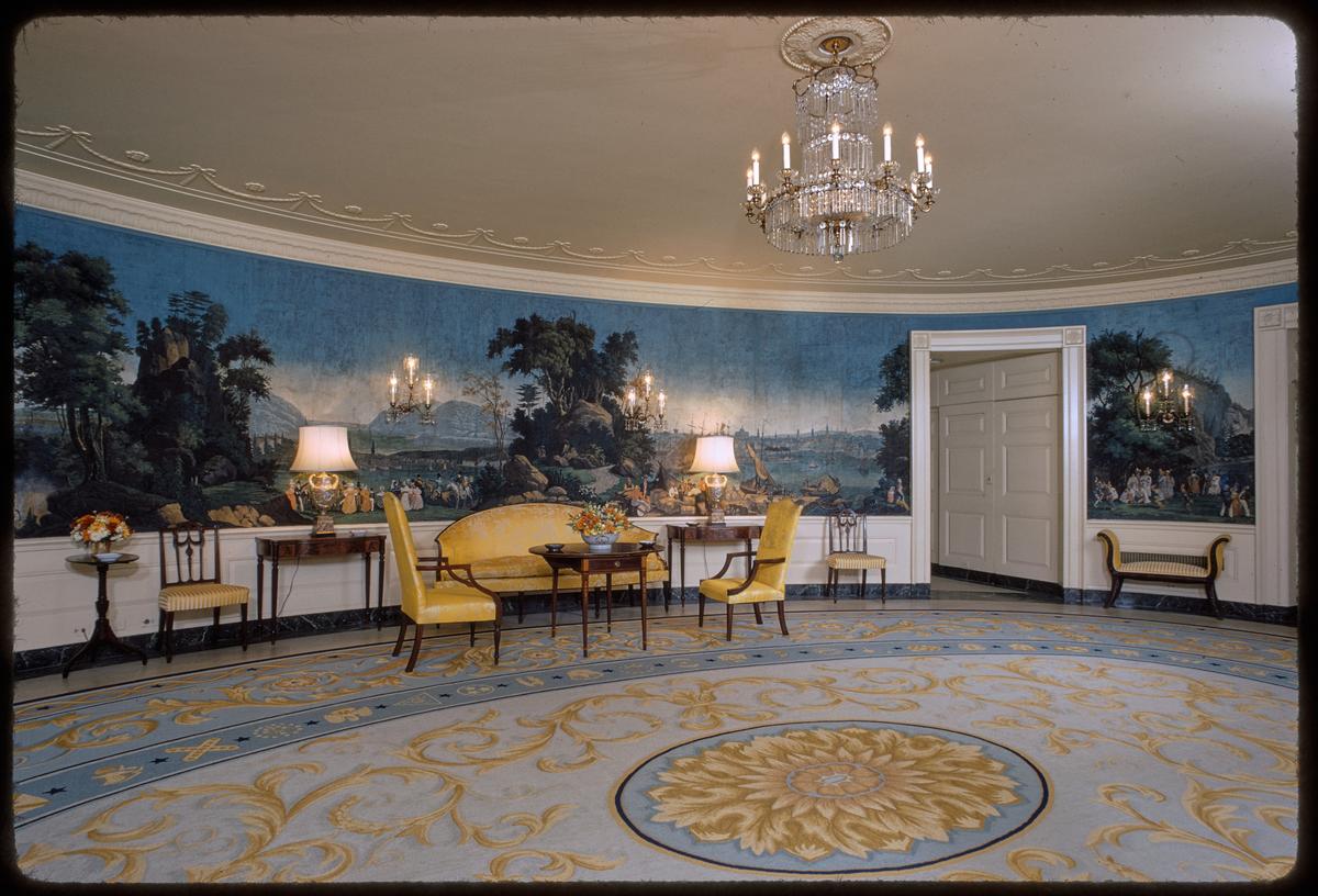The distinct scenic wallpaper in the Diplomatic Reception Room was chosen under the direction of First Lady Jacqueline Kennedy in 1961. (White House Historical Association)