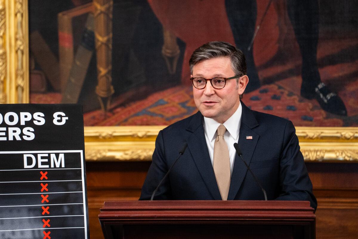 House Speaker Mike Johnson (R-La.) speaks to reporters during the government shutdown in Washington on Oct. 13, 2025. (Madalina Kilroy/The Epoch Times)