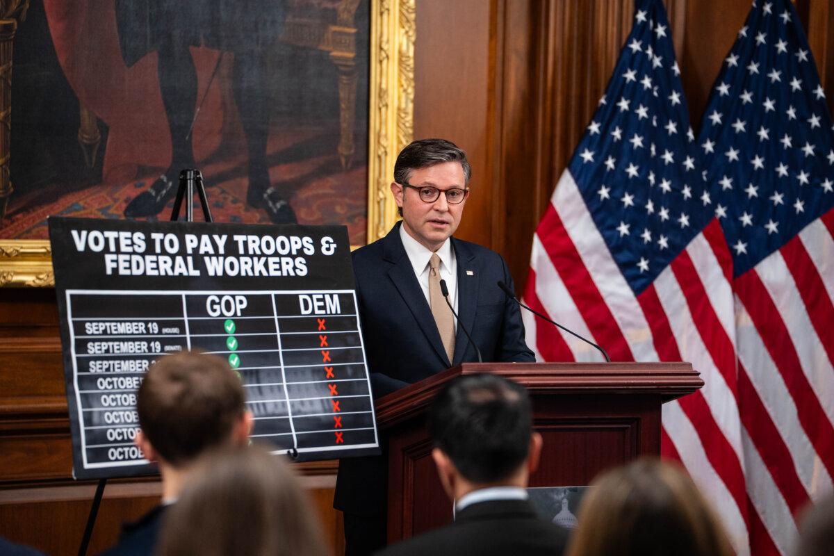 House Speaker Mike Johnson (R-La.) speaks to reporters during the government shutdown, in Washington on Oct. 13, 2025. (Madalina Kilroy/The Epoch Times)