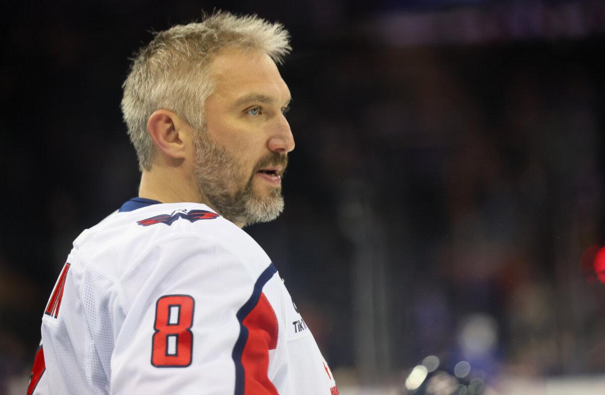 Alex Ovechkin, No. 8 of the Washington Capitals, warms up prior to a game against the New York Rangers at Madison Square Garden in New York City on Oct. 12, 2025. (Bruce Bennett/Getty Images)