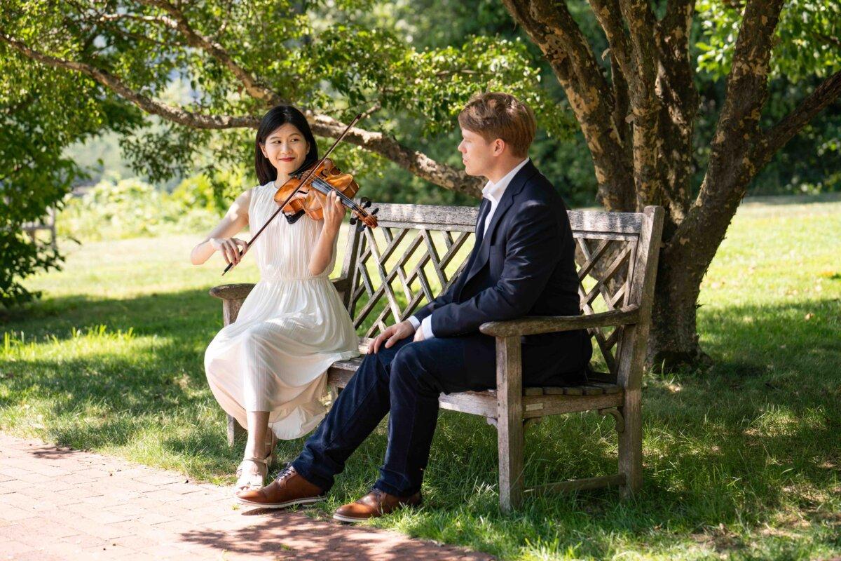 Perry is pictured with his wife Yitong Liu, a Shen Yun violist, at Boscobel House and Gardens, in Garrison, N.Y. (Samira Bouaou for American Essence)