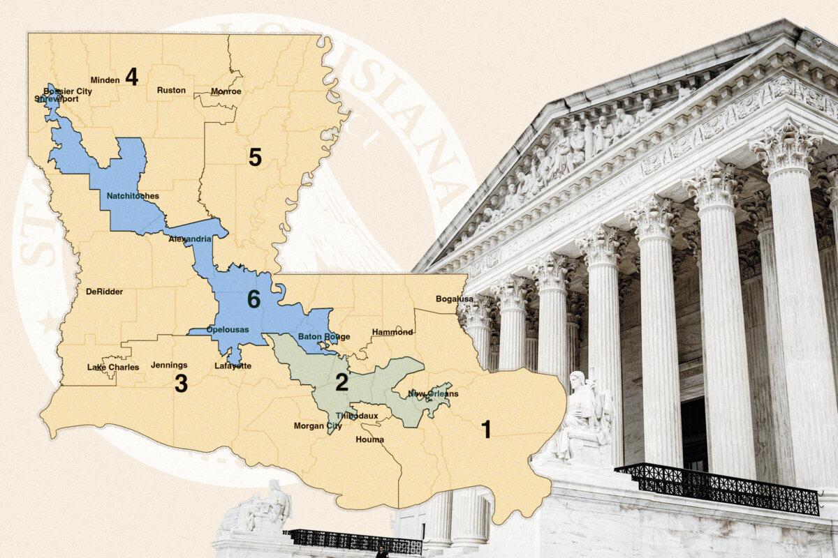 Louisiana Congressional District Map; Districts 2 and 6 are mostly-black districts. (Illustration by The Epoch Times, Public Domain, Madalina Vasiliu/The Epoch Times)