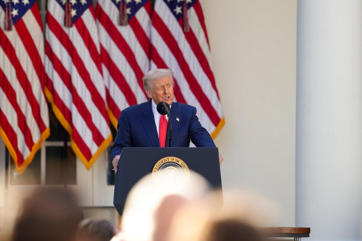 President Donald Trump speaks during a Medal of Freedom ceremony for Charlie Kirk at the Rose Garden at the White House on Oct. 14, 2025. (Madalina Kilroy/The Epoch Times)