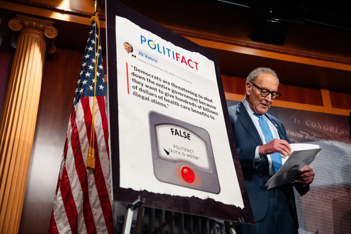 Senate Minority Leader Chuck Schumer (D-N.Y.) at a news conference during the third day of the government shutdown in Washington on Oct. 3, 2025. (Madalina Kilroy/The Epoch Times)