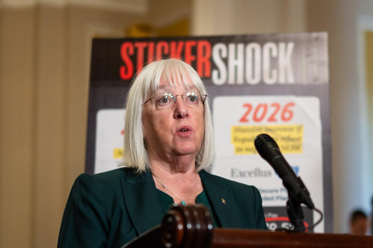 Sen. Patty Murray (D-Wash.) speaks to reporters during the government shutdown at a press conference on Capitol Hill in Washington on Oct. 15, 2025. (Madalina Kilroy/The Epoch Times)