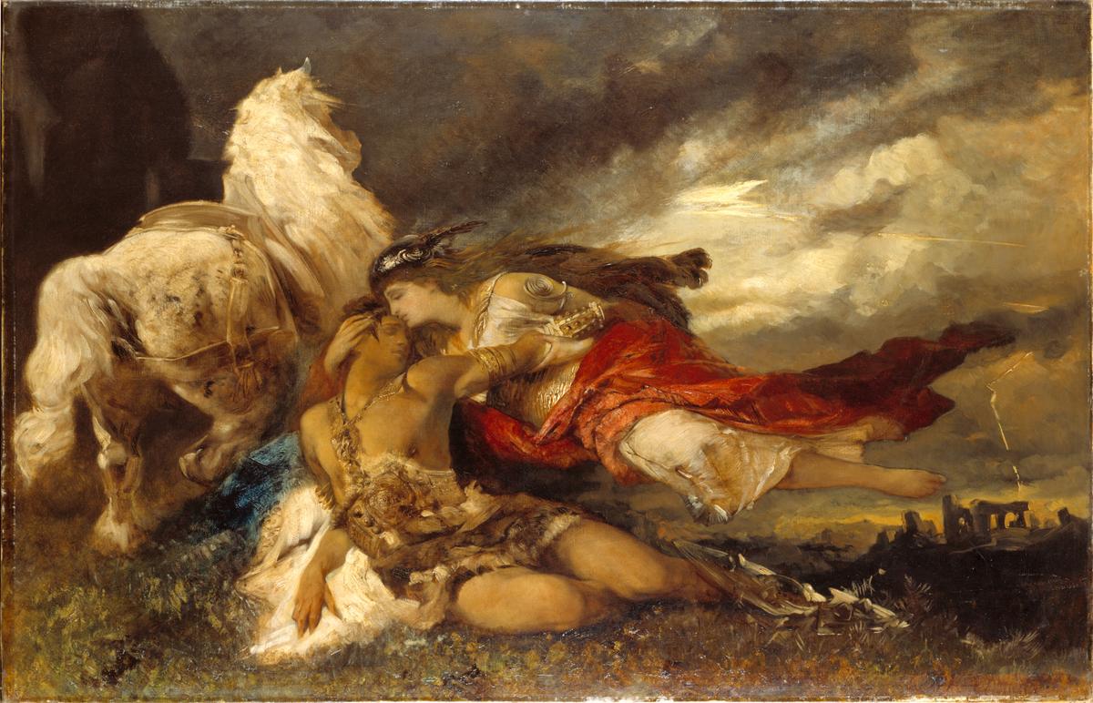 "Valkyrie and a Dying Hero," 19th century, by Hans Makart. Oil on canvas. Nationalmuseum, Stockholm. (Public Domain)