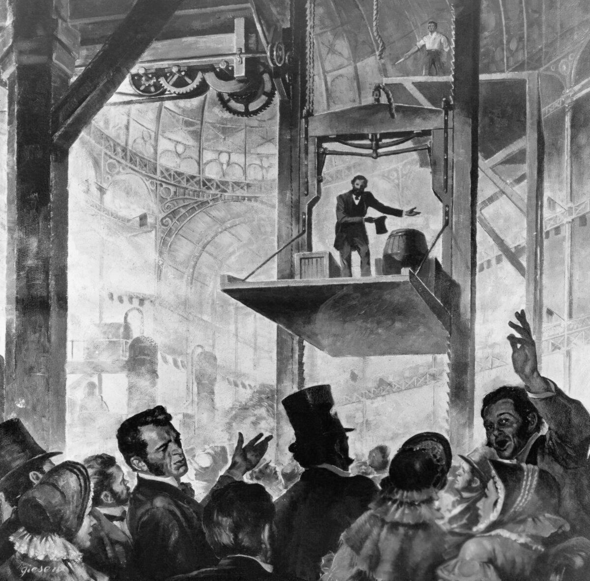 Elisha Graves Otis shows his first elevator in the Crystal Palace, New York City, 1853. (Public Domain)