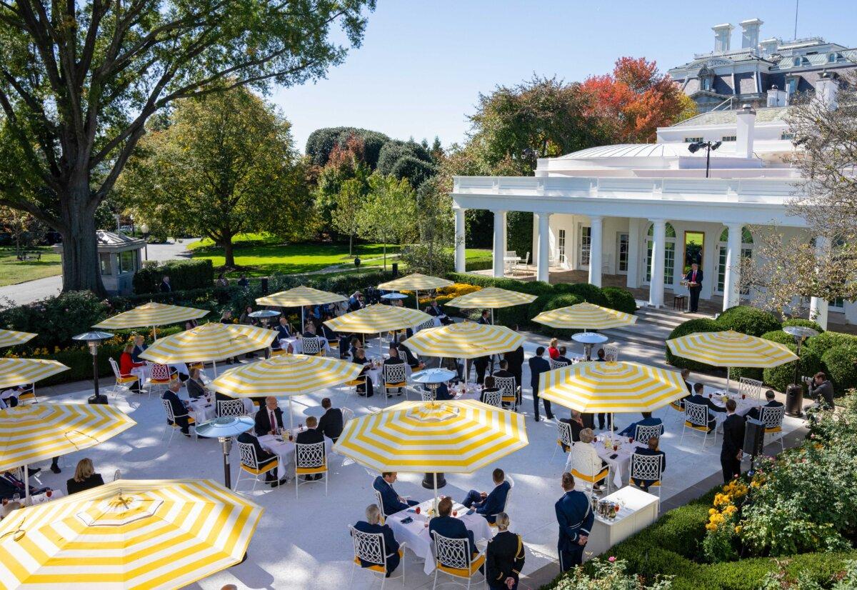 President Donald Trump speaks at a "Rose Garden Club" lunch in the Rose Garden of the White House in Washington, on Oct. 21, 2025. (Andrew Caballero-Reynolds/AFP via Getty Images)