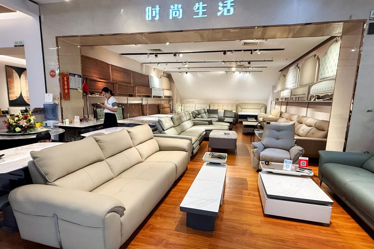 Sofas and tables are displayed inside a furniture mall in Lecong Town, Guangdong Province, China, on Sept. 26, 2025. (David Kirton/Reuters)