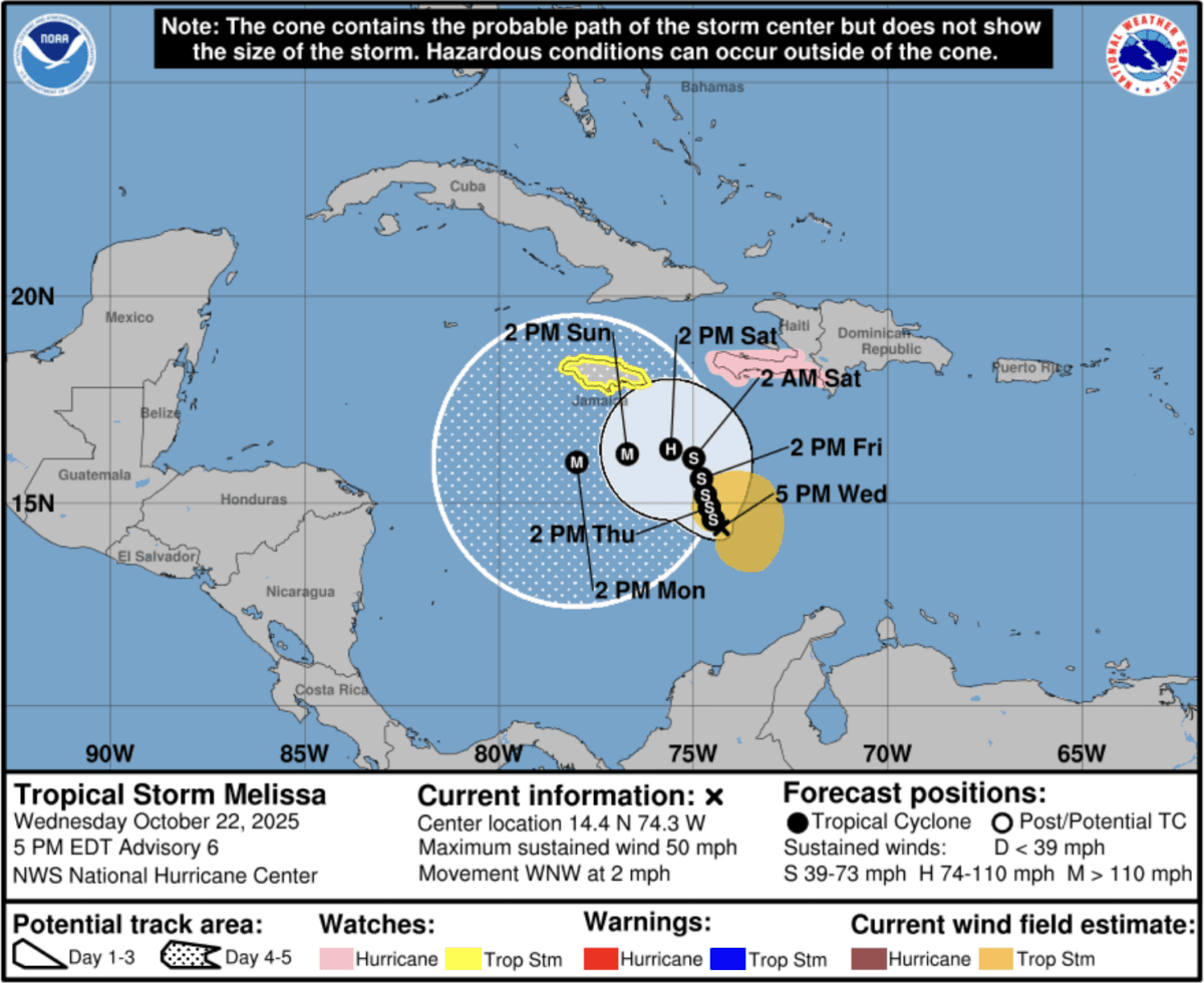 Projected path of Tropical Storm Melissa as it develops south of Hispaniola and Jamaica on Oct. 22, 2025. (National Hurricane Center).