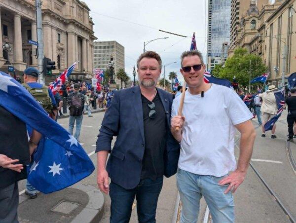 Greg Cheesman, One Nation Victoria candidate with Luke Woodson at the "March for Australia" rally against immigration policy. (Josh Spasaro/The Epoch Times).