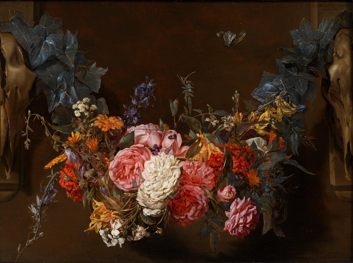 《花環與蝴蝶》(Flower Garland With a Butterfly),1652年,米哈伊莉娜‧沃提耶作,面板油畫,42×57厘米,私人收藏。(公有領域)