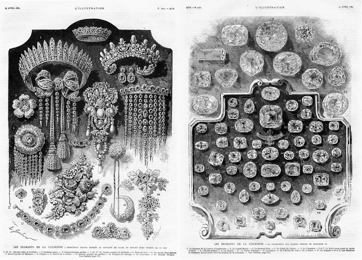 French Heritage Heist: The Sparkly Stories Behind the Louvre’s Stolen Jewels | USNN World News Pages from the 1887 Crown Jewels Auction catalogue. (Public Domain)