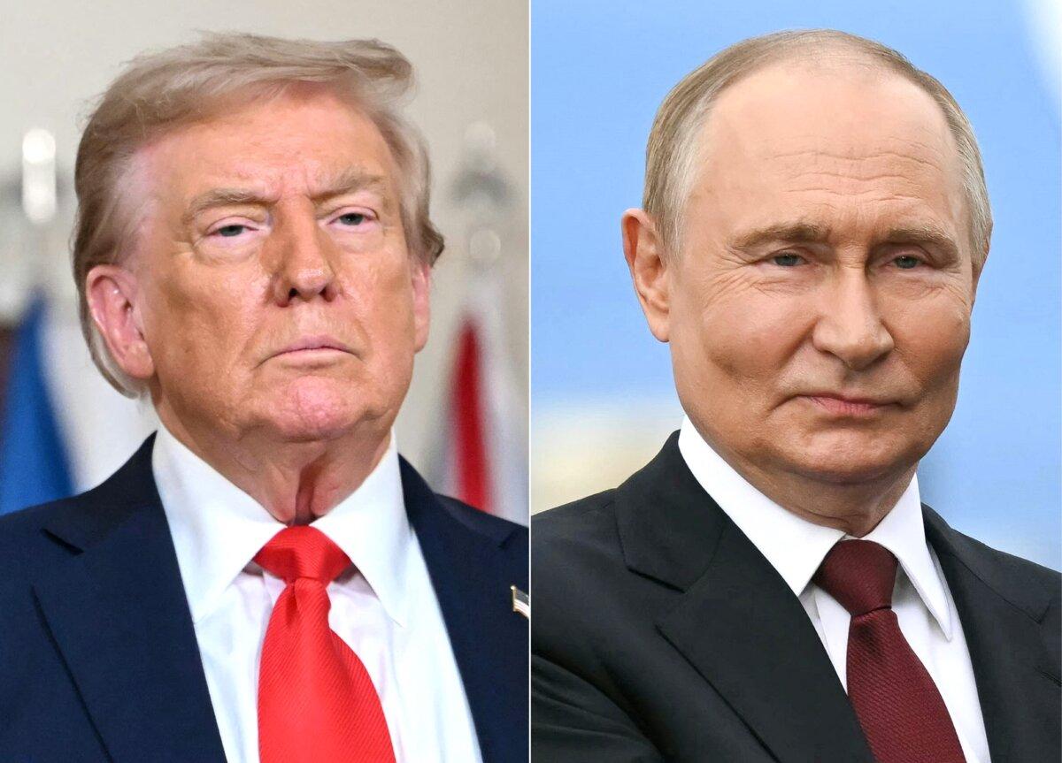 (Left) U.S. President Donald Trump in Washington on Aug. 18, 2025. (Right) Russian President Vladimir Putin in Anchorage, Alaska, on Aug. 15, 2025. (Andrew Caballero-Reynolds/AFP via Getty Images)