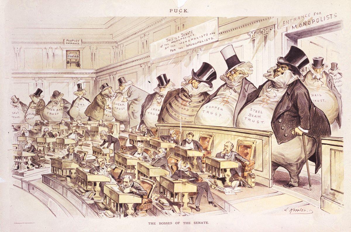 Keppler's 1889 cartoon depicts monopolists as dominating American politics as the "Bosses of the Senate." (Public Domain)