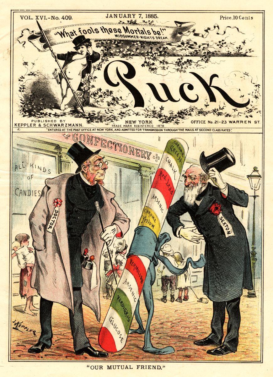 "Our Mutual Friend," Jan. 7, 1885, cover warning of the dangers of color additives used in candy. (Public Domain)