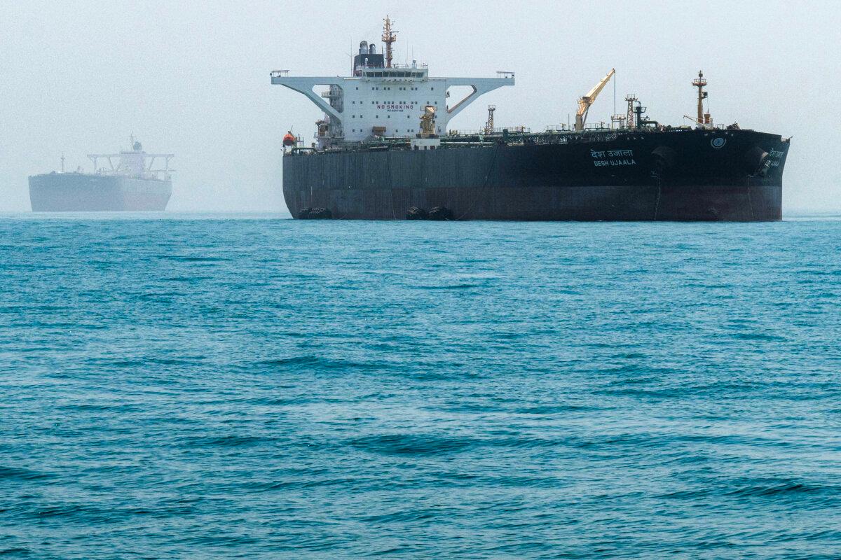 The India-flagged oil tanker Desh Ujaala is pictured offshore of the Faw peninsula in Iraq, on Aug. 5, 2025. (Hussein Faleh/AFP via Getty Images)