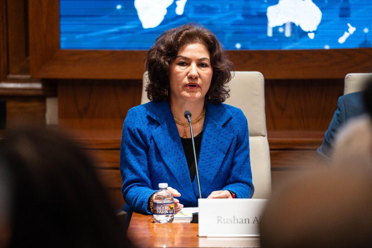 Rushan Abbas, Campaign for Uyghurs executive director, speaks during the China Forum at the Victims of Communism Memorial Foundation in Washington on Oct. 27, 2025. (Madalina Kilroy/The Epoch Times)