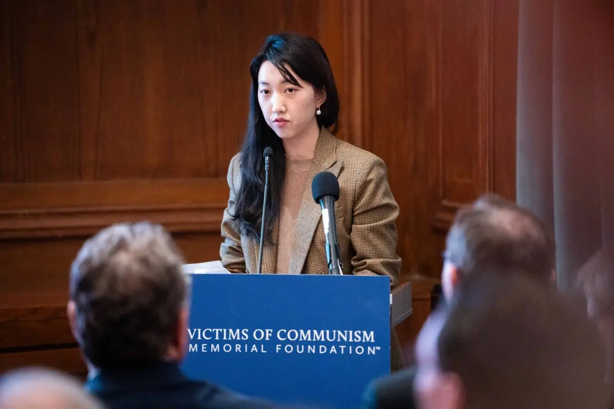 Grace Jin Drexel, daughter of founding pastor Ezra Jin of Zion Church in China, speaks during the China Forum at the Victims of Communism Memorial Foundation in Washington on Oct. 27, 2025. (Madalina Kilroy/The Epoch Times)
