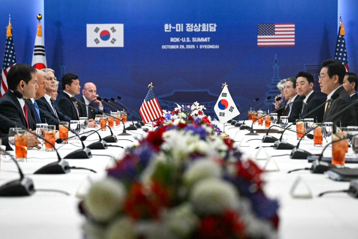 U.S. President Donald Trump and South Korean President Lee Jae-myung attend a bilateral meeting at the Gyeongju National Museum in Gyeongju, South Korea, on Oct. 29, 2025. (Andrew Caballero-Reynolds/AFP via Getty Images)
