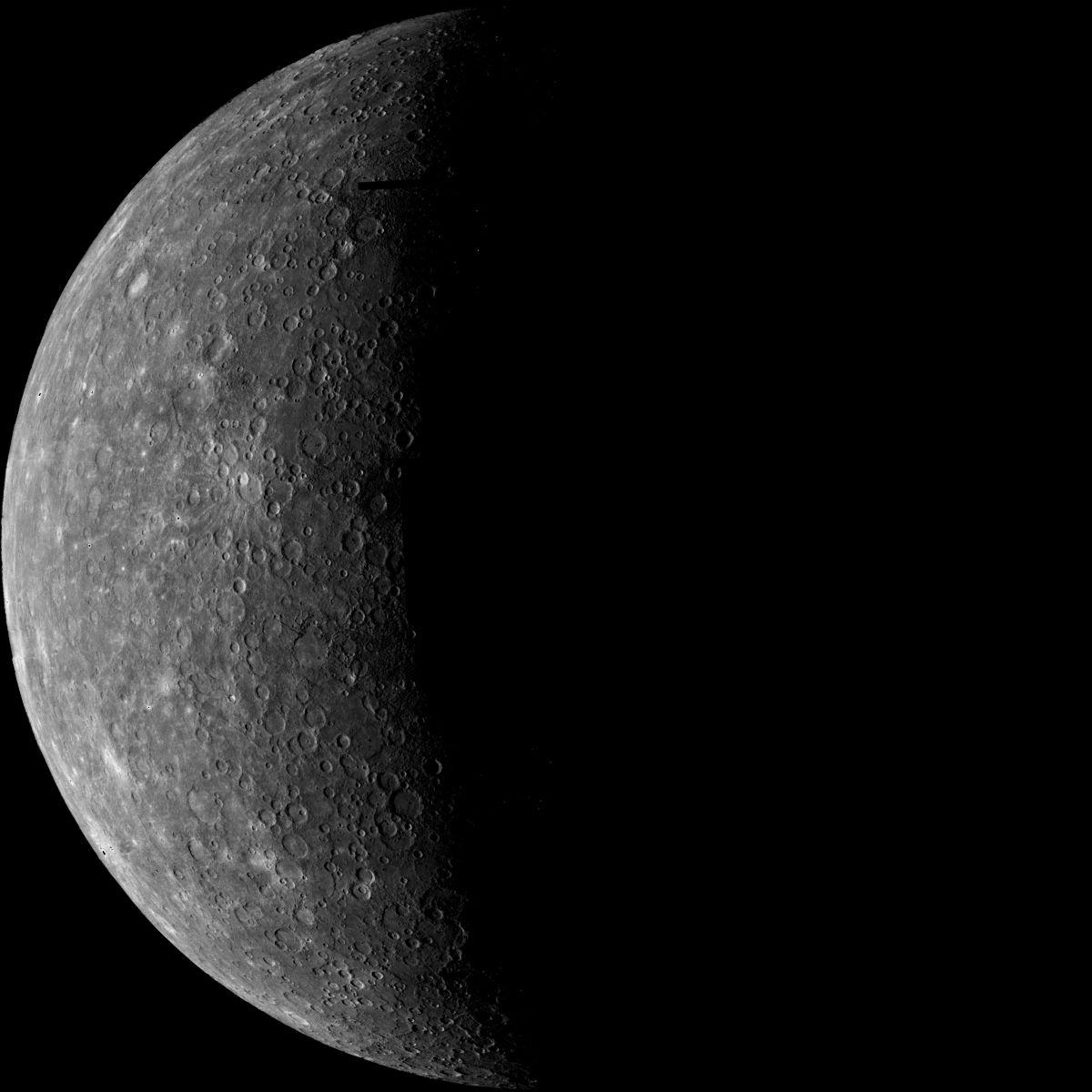 Mariner 10's first image of Mercury acquired on March 24, 1974. NASA/JPL/USGS. (Public Domain)