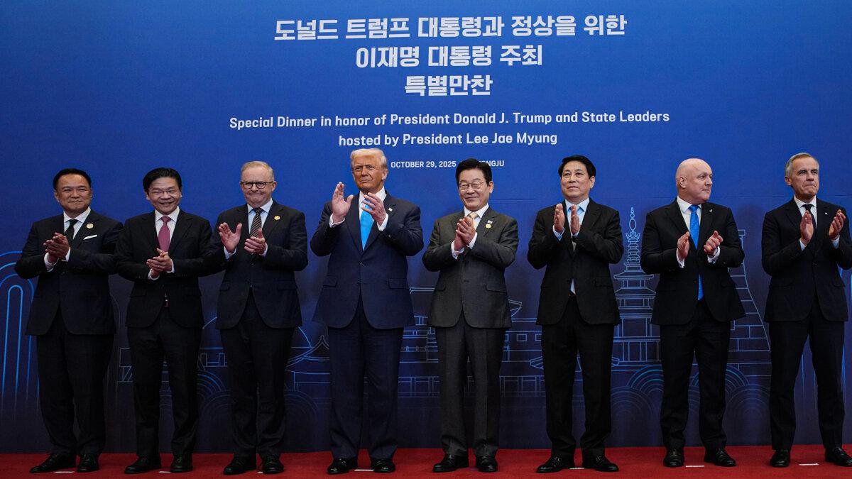 President Donald Trump poses for a group photo in Gyeongju, South Korea, on Oct. 29, 2025. (Andrew Harnik/Getty Images)