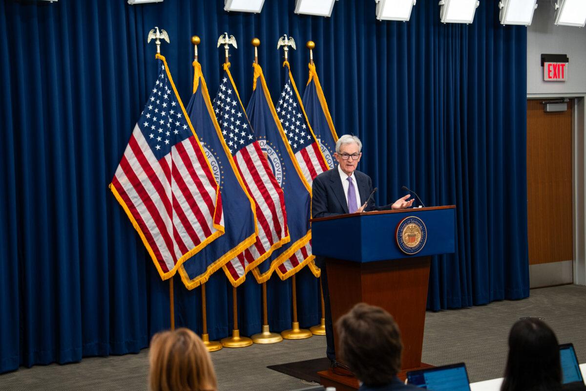 Federal Reserve Chair Jerome Powell speaks at a news conference following the Federal Open Market Committee (FOMC) meeting in Washington on Oct. 29, 2025. (Madalina Kilroy/The Epoch Times)
