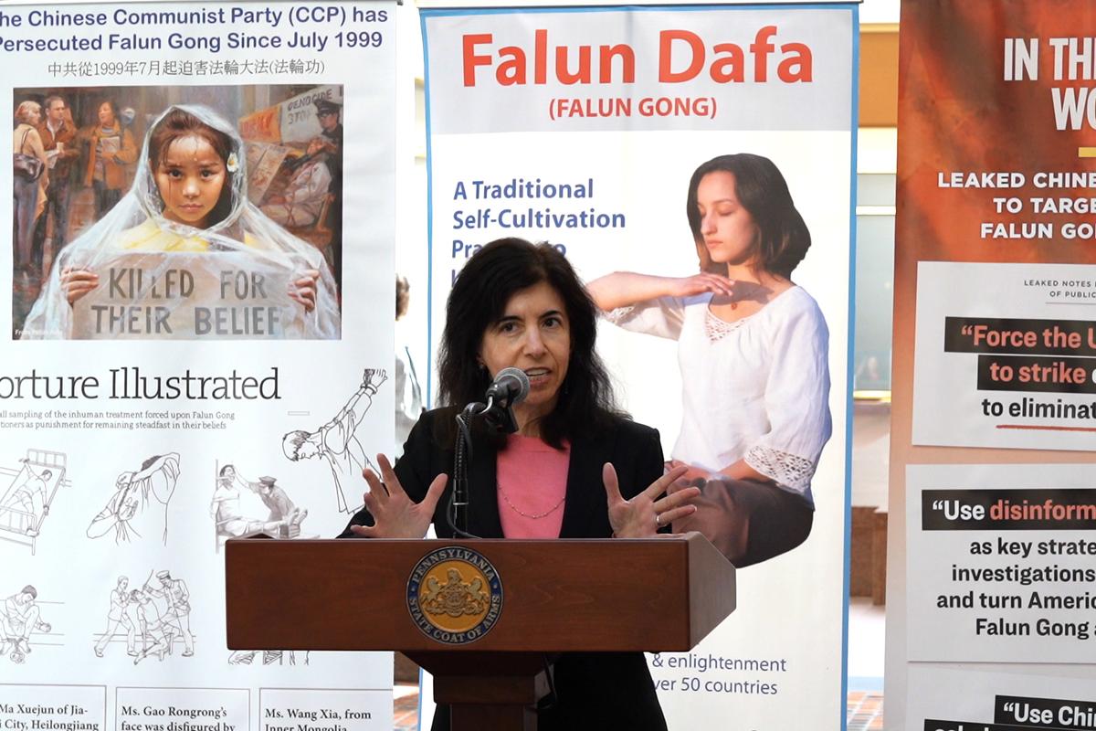 Jessica Russo, a representative from Doctors Against Forced Organ Harvesting (DAFOH), speaks at the press conference at the Pennsylvania State Capitol on Oct. 29, 2025. (Jennifer Yang/The Epoch Times)
