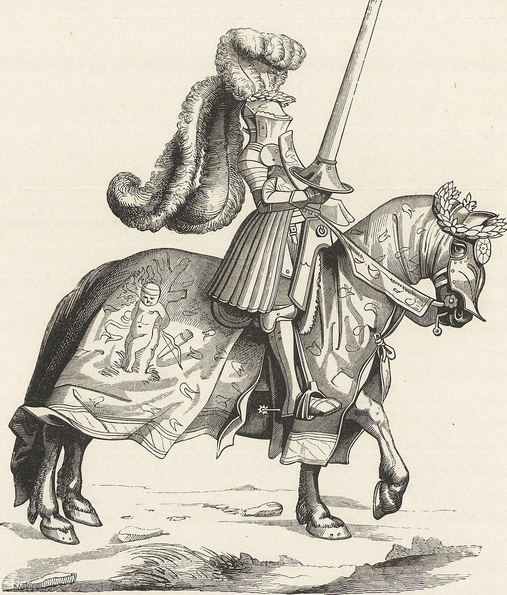 1870年に出版された中世とルネサンスの生活に関する書籍に掲載されたこのイラストでは、ルネサンス時代の騎士が鎧一式を身に着けており、馬も華麗な装飾が施されています。(パブリックドメイン)