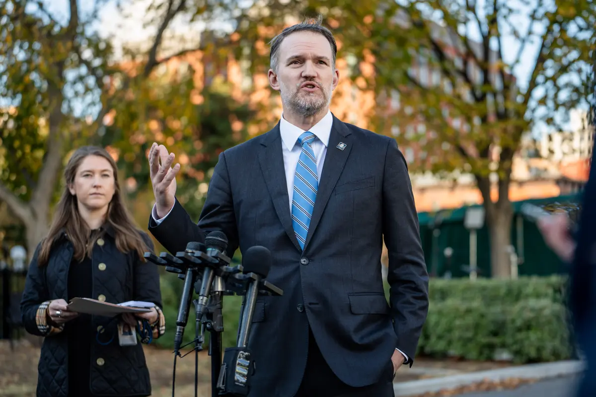 U.S. Trade Representative Jamieson Greer speaks to reporters at the White House on Oct. 30, 2025. (Madalina Kilroy/The Epoch Times)