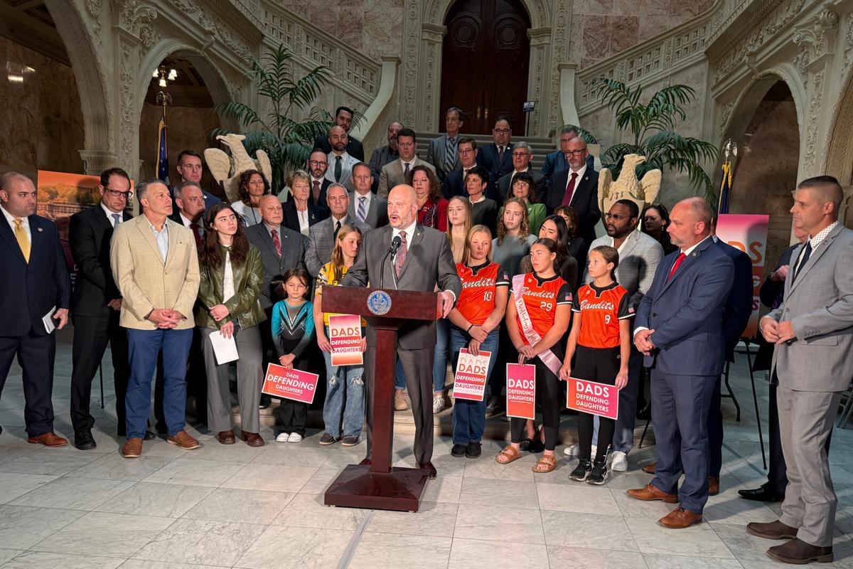 Rep. Joe D’Orsie spoke as one of the hosts at the event titled, “Dad Legislators Call for Action to Defend Daughters in Sports,” at the state Capitol’s Ryan Office Building atrium in Harrisburg, Pa, on Oct. 29, 2025. (Steve Wen/The Epoch Times)