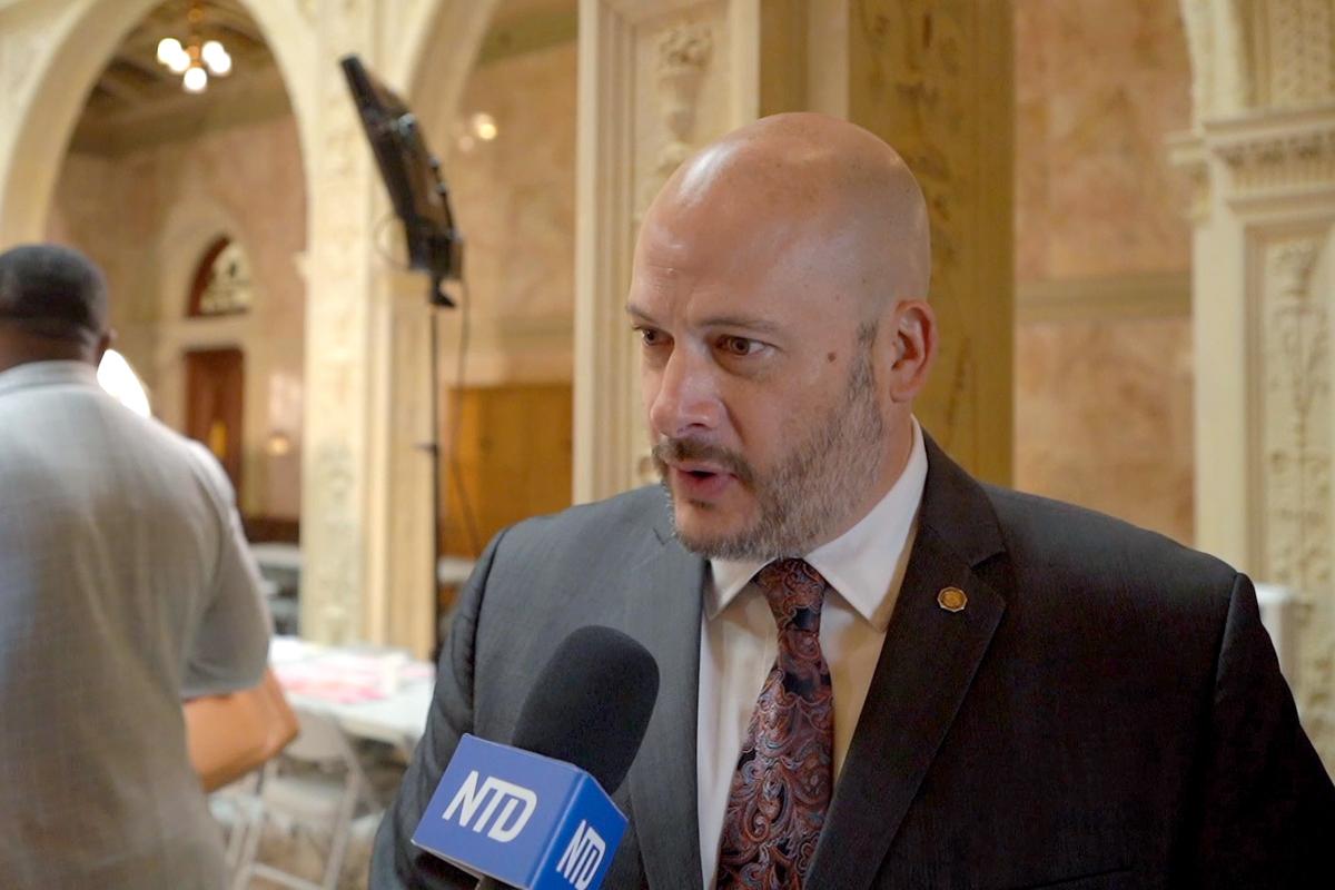 Rep. Jonathan Fritz attended the event titled “Dad Legislators Call for Action to Defend Daughters in Sports,” at the state Capitol’s Ryan Office Building atrium in Harrisburg, Pa, on Oct. 29, 2025. (Steve Wen/The Epoch Times)