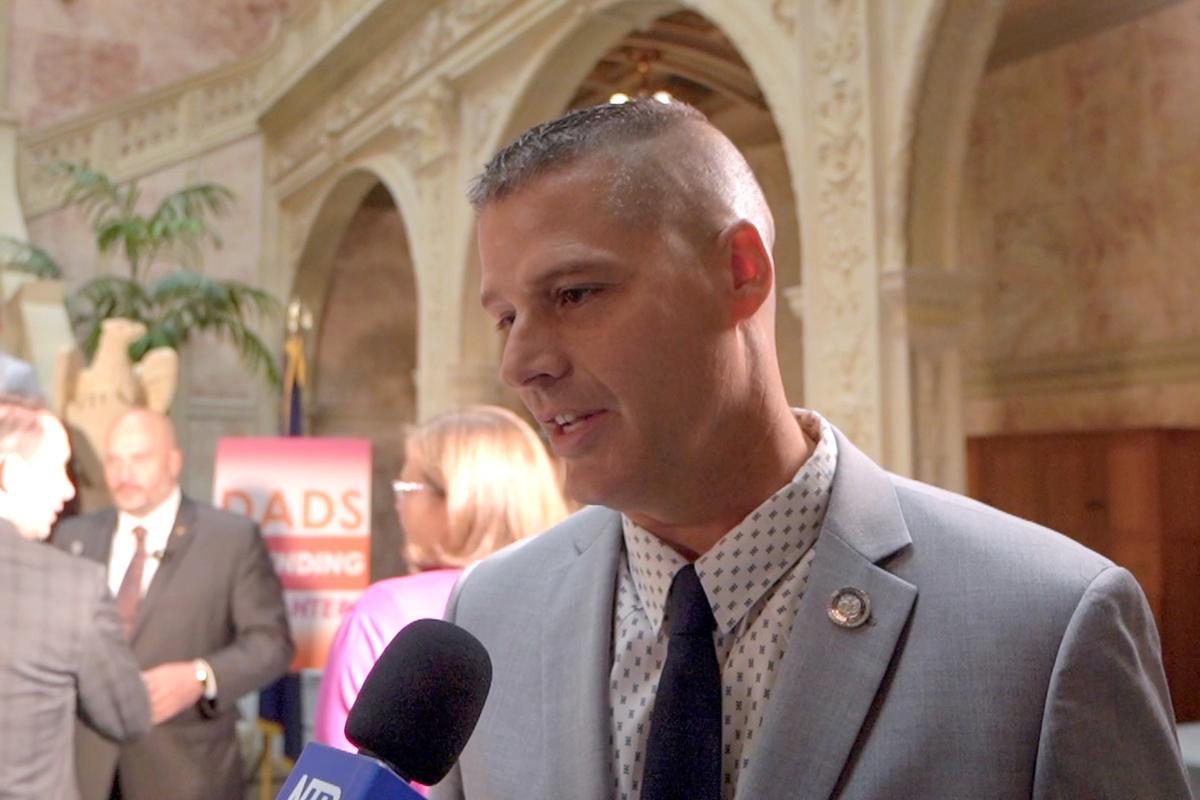 Rep. Clint Owlett, lead sponsor of House Bill 1849, attends the event titled “Dad Legislators Call for Action to Defend Daughters in Sports,” at the state Capitol’s Ryan Office Building atrium in Harrisburg, Pa, on Oct. 29, 2025. (Steve Wen/The Epoch Times)