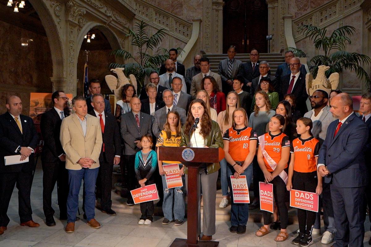 Lily Williams, a former Hempfield School District student-athlete from Lancaster County, spoke at the event entitled “Dad Legislators Call for Action to Defend Daughters in Sports,” at the state Capitol’s Ryan Office Building atrium in Harrisburg, Pa, on Oct. 29, 2025. (Steve Wen/The Epoch Times)
