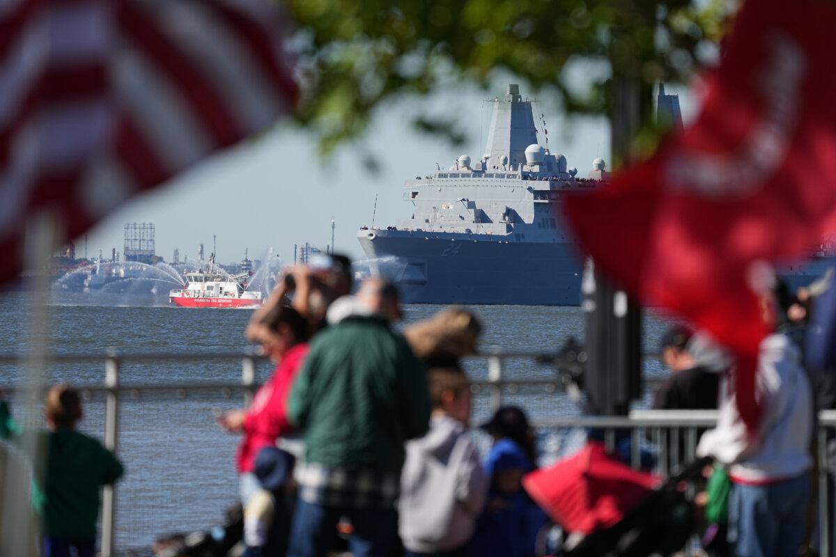 The USS Billings passes the viewing stand during the ship parade along the Delaware River in Philadelphia on Oct. 9, 2025. (Matt Rourke/AP Photo)