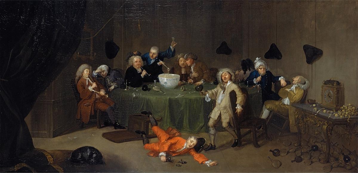 "A Midnight Modern Conversation," circa 1732, by William Hogarth. Yale Center for British Art, New Haven, Conn. This group of revelers is having a festive evening around a Wassail bowl. (Public Domain)