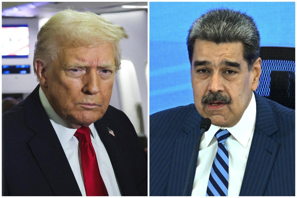 (Left) U.S. President Donald Trump looks on aboard Air Force One during travel to Palm Beach, Florida, from Joint Base Andrews, Md., on Nov. 25, 2025. (Right) Venezuelan President Nicolas Maduro speaks during the Meeting of Jurists in Defense of International Law at the Eurobuilding Hotel in Caracas on Nov. 14, 2025. (Anna Rose Layden/Reuters; Federico Parra/AFP via Getty Images)