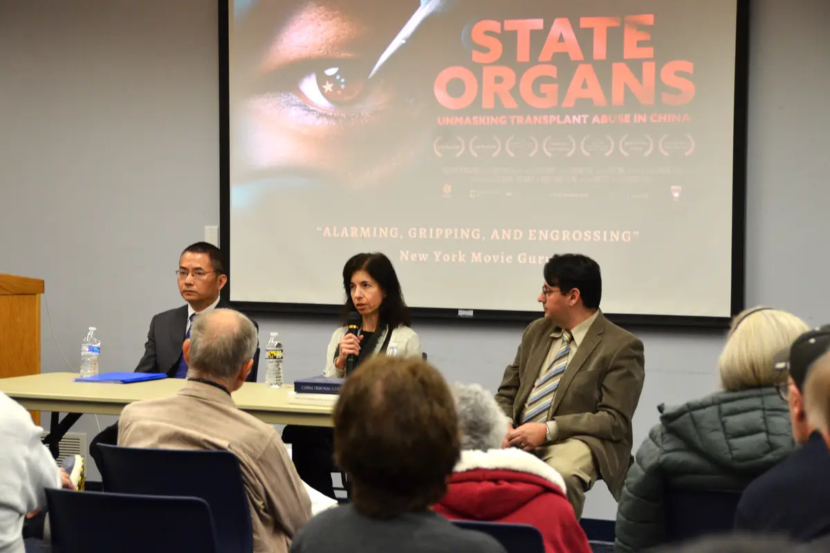 Panelists speak at a screening of the documentary “State Organs” at the Chester County Library in Exton, Pa., on Nov. 1, 2025. (The Epoch Times)