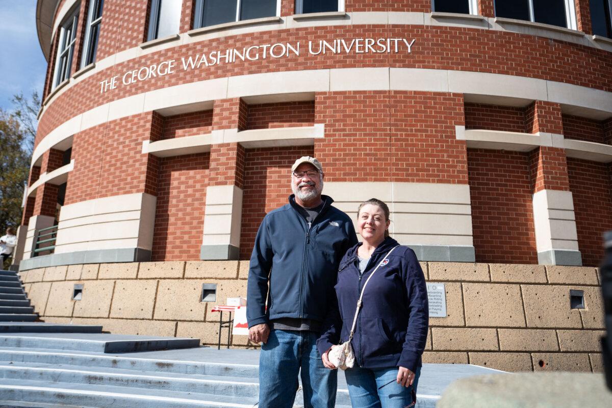 Ross and Ruth Rockenbaugh after voting at George Washington University during the gubernatorial election in Ashburn, Va., on Nov. 4, 2025. (Madalina Kilroy/The Epoch Times)