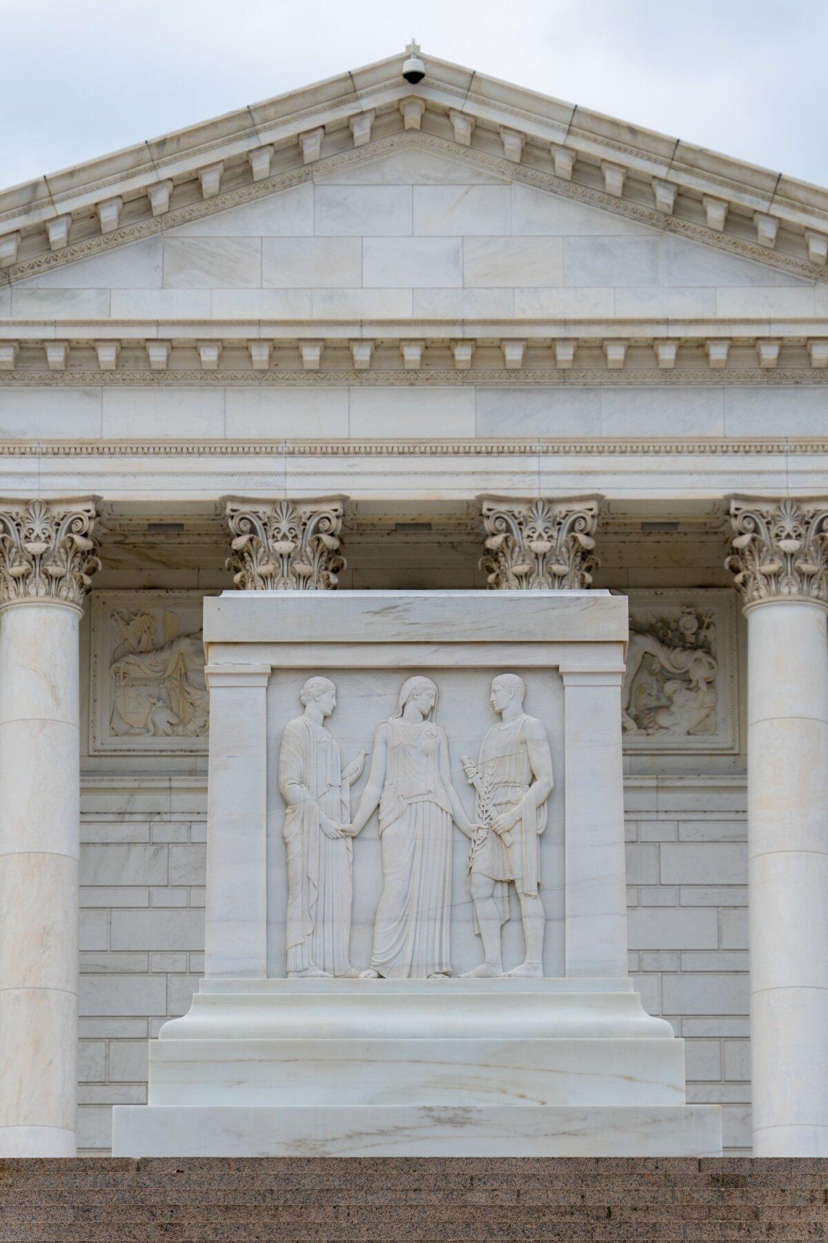 Personifications of Peace, Valor, and Victory on the east panel of the Tomb of the Unknown Soldier, at the Arlington National Cemetery’s Memorial Amphitheater in Arlington County, Va. (Salahuddin Rafiquddin/Shutterstock)