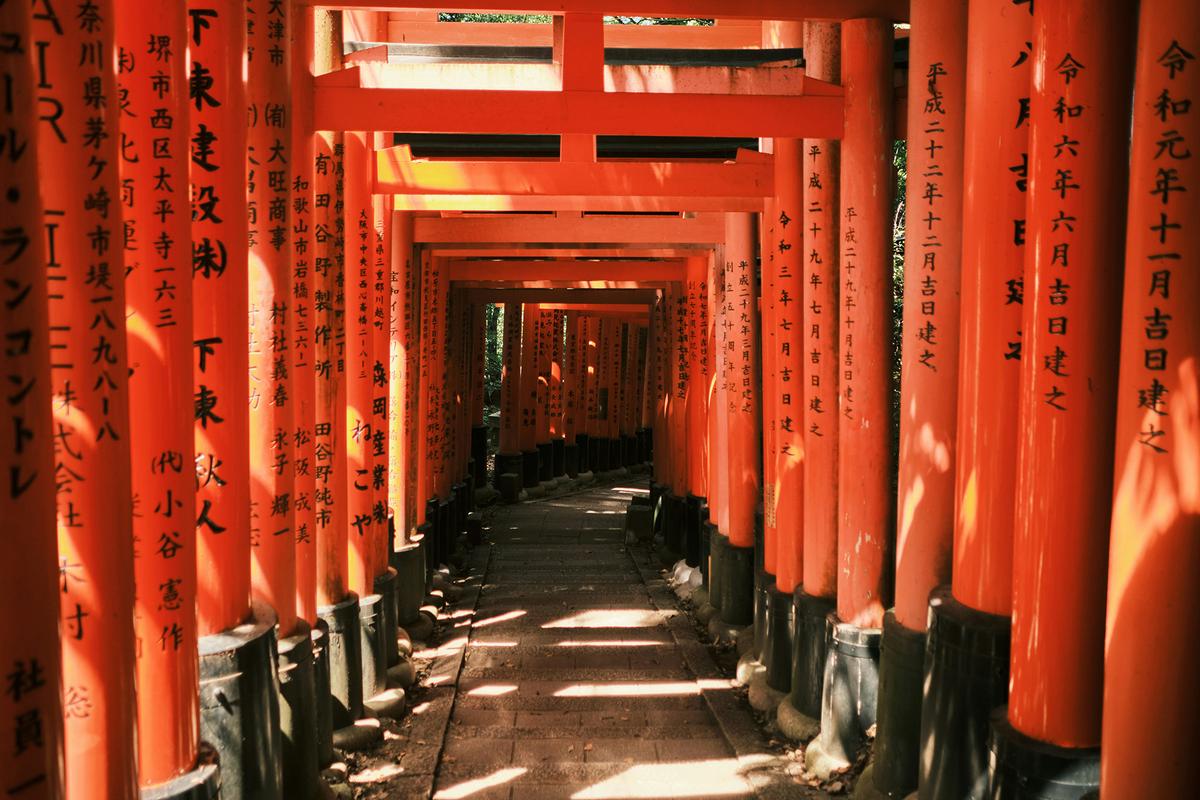神社的小徑兩旁排列著上萬座紅色鳥居,每一座都是由個人或企業捐贈的,祈求稻荷——這位掌管稻米與繁榮的神道神祇賜予好運。(Nathan Guan/Unsplash)