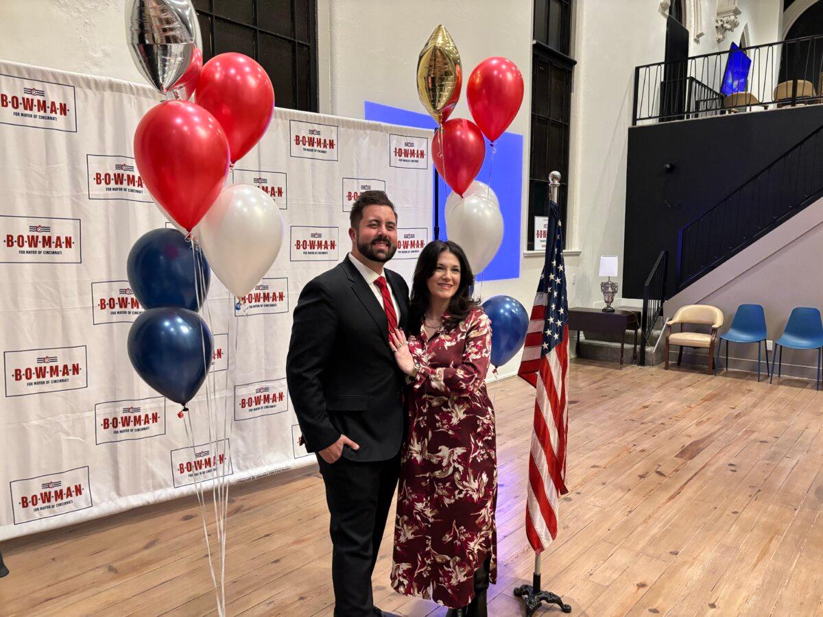 Cincinnati Republican mayoral candidate Cory Bowman and his wife, Jordan, host a watch party in Cincinnati on Nov. 4, 2025. (Jeff Louderback/The Epoch Times)