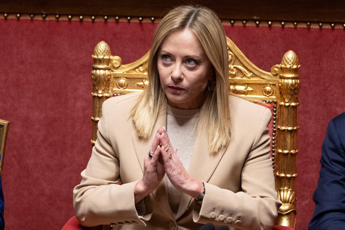 Italian Prime Minister Giorgia Meloni gestures as she appears at the Senate, ahead of the European Council in Brussels, in Rome on Oct. 22, 2025. (Remo Casilli/Reuters)