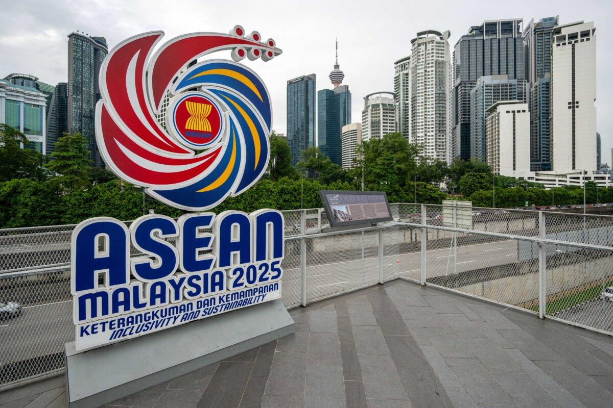 The logo of the Association of Southeast Asian Nations (ASEAN) ahead of the 47th ASEAN Summit in Kuala Lumpur, Malaysia, on Oct. 23, 2025. (Mohd Rasfan/AFP via Getty Images)